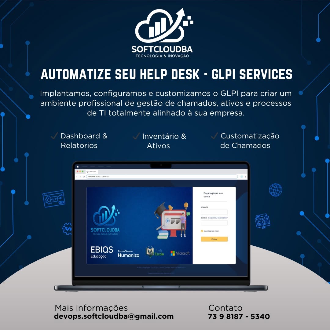 Post da SoftCloudBA sobre GLPI Services com tela de login personalizada